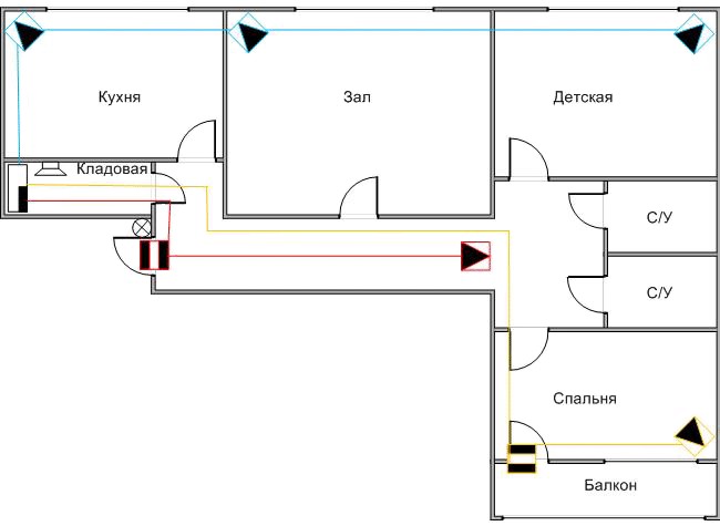 Схема пороговой сигнализации в 3-х комнатной квартире